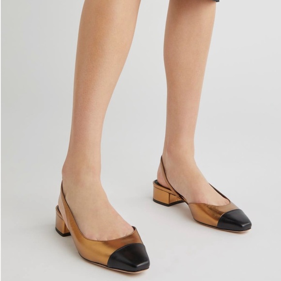 Veronica Beard Cecile Slingback Heels Gold & Black Leather Cap Toe Size 8 NEW - Picture 2 of 4